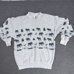 ART Unlimited Sportswear Moose Sweater Womens Medium Gray Cabin Lodge